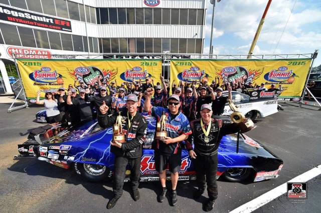 Jason Line (Pro Stock), Kenny Lang (Pro Mod), and Tim Wilkerson (Funny Car) celebrate victory at the NHRA Southern Nationals Sunday.