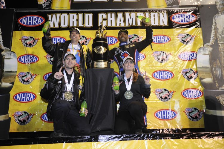 Del Worsham, Antron Brown, Andrew Hines, and Erica Enders are the 2015 champions in their respective NHRA categories. (Image/NHRA)