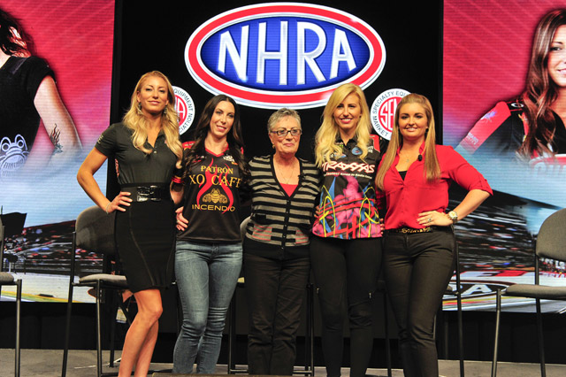 From left, Leah Pritchett, Alexis DeJoria, Shirley Muldowney, Courtney Force, and Erica Enders. (Image/NHRA)