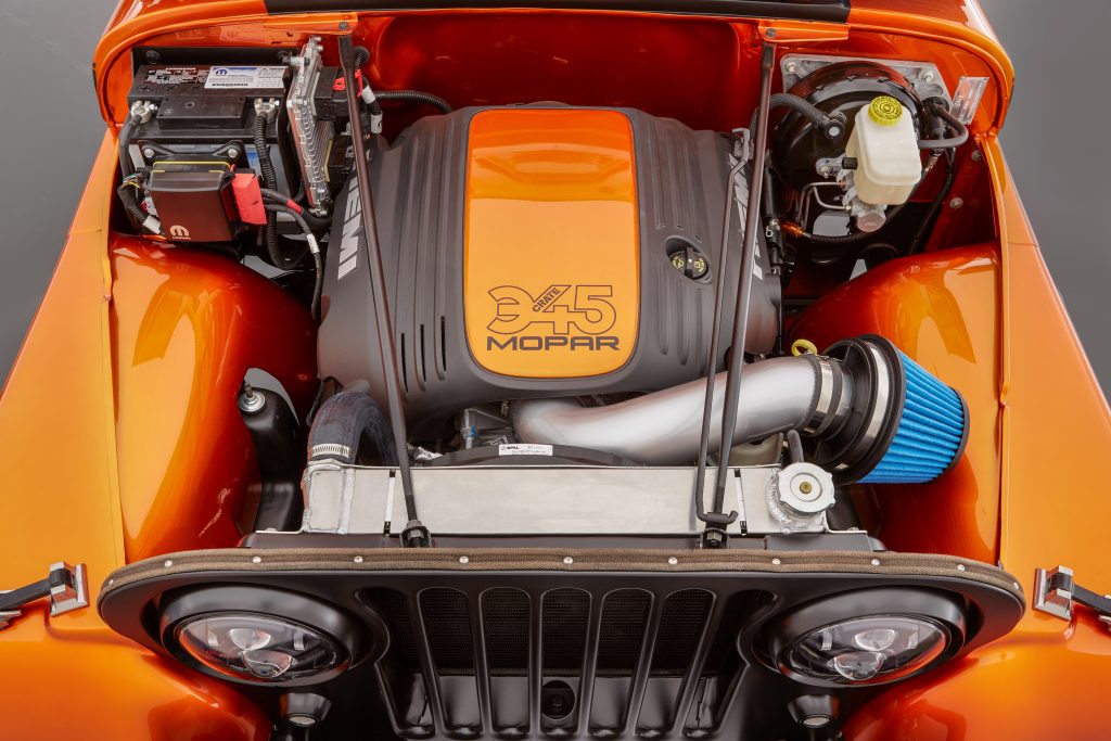 The Jeep® CJ66, a unique cocktail of three Jeep® Wrangler vehicle generations, is powered by a Mopar 345 Crate HEMI® Engine Kit-enabled 5.7-liter HEMI® powerplant.