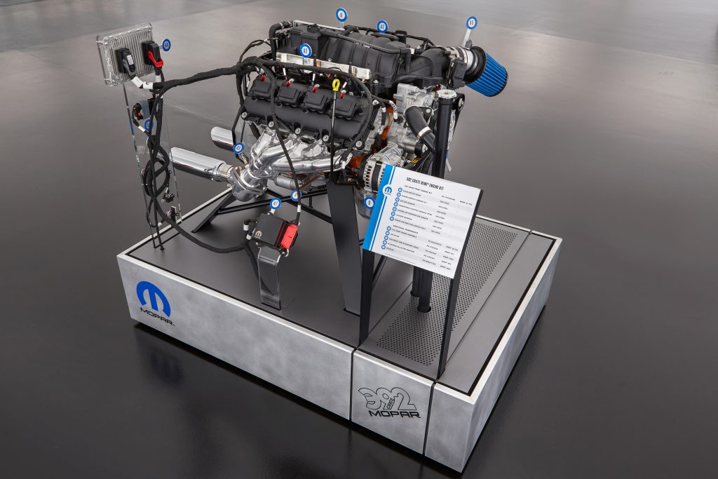This “exploded” view of a 6.4-liter HEMI® engine highlights the components of the new Mopar 392 Crate HEMI® Engine Kit, which allows owners to drop a modern HEMI® engine into model year 1975 or earlier vehicles.