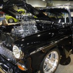 supercharged v8 engine in a 1955 chevy drag car