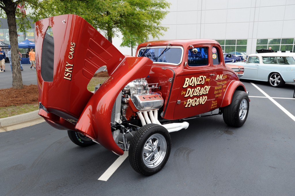 vintage hot rod drag racer with tilt hood