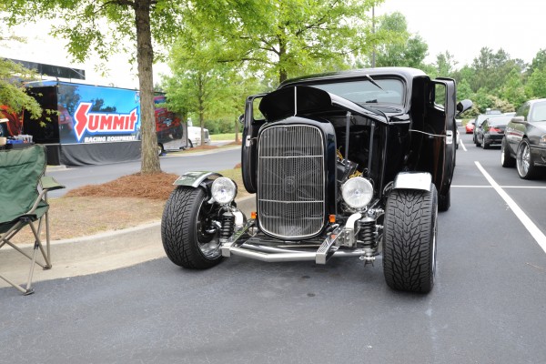 black ford hot rod, front view