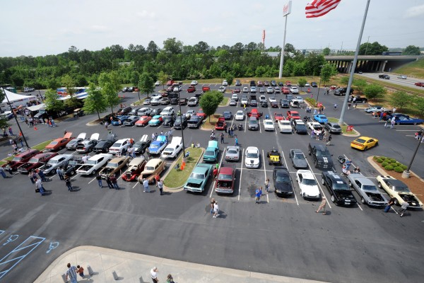 rooftop view of a car show