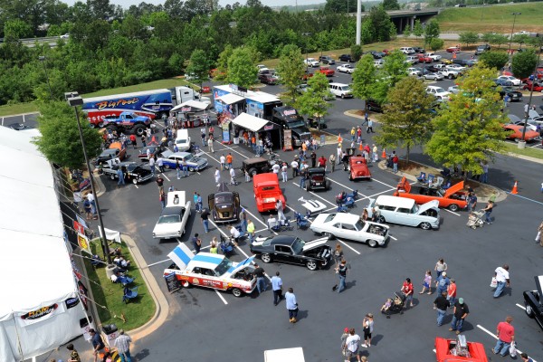 aerial view of a car show