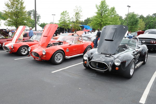row of shelby cobra kit cars in a parking lot