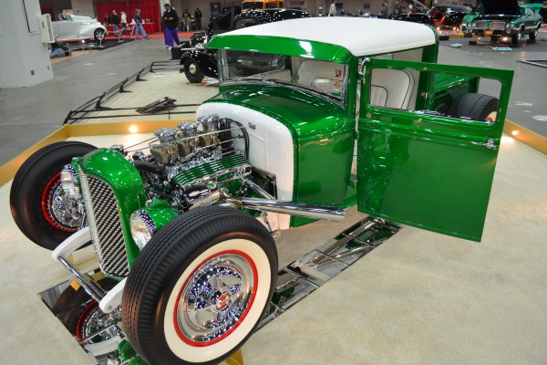 green ford prewar truck hot rod with v8 engine
