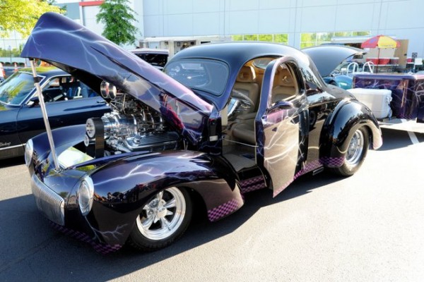 custom willys hot rod with flamed paint job