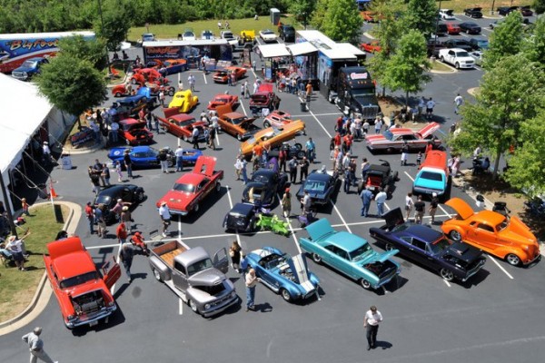 aerial view of a large car show