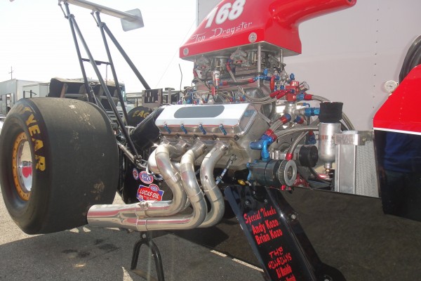 engine on sportsman dragster in pits