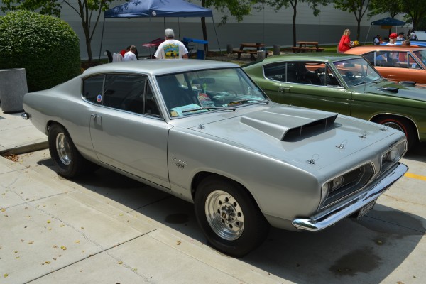 silver plymouth second-gen barracuda with hemi v8