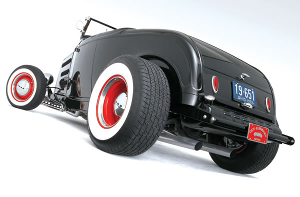 rear view of a ford hot rod roadster