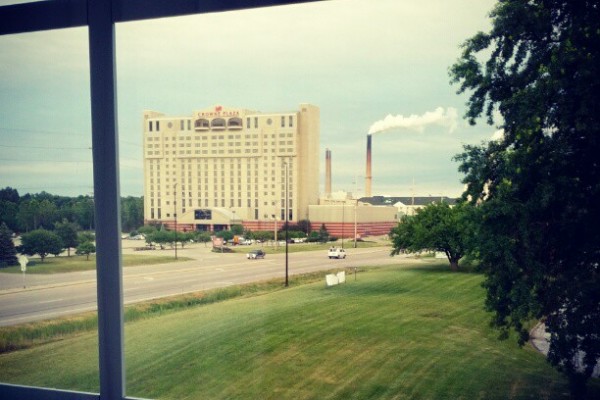 view of a hotel through factory window