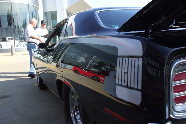 close up of hemi decal on the flank of a vintage barracuda