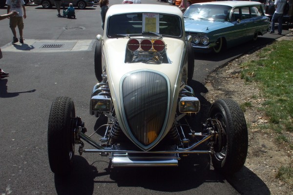 front view of a modified hot rod coupe
