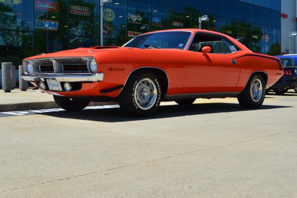 front view of a red plymouth barracuda 340