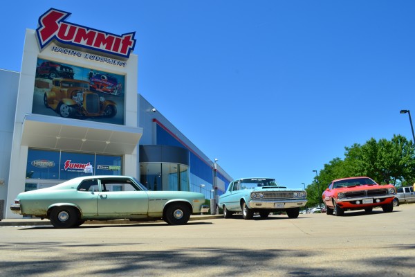 classic cars parked in front of summit racing