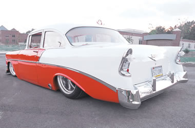 rear quarter shot of a custom 1956 chevy