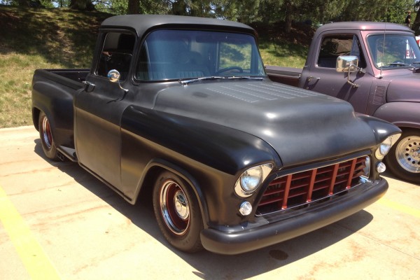 hot rod chevy truck with louvered hood