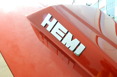 hemi emblem on a muscle car hood scoop