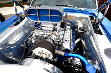 supercharged v8 engine in a muscle car