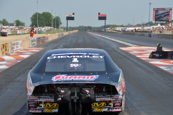 view behind summit racing pro stock camaro prior to drag race launch