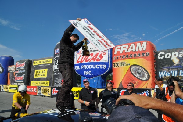 vincent nobile cheering after nhra pro stock win