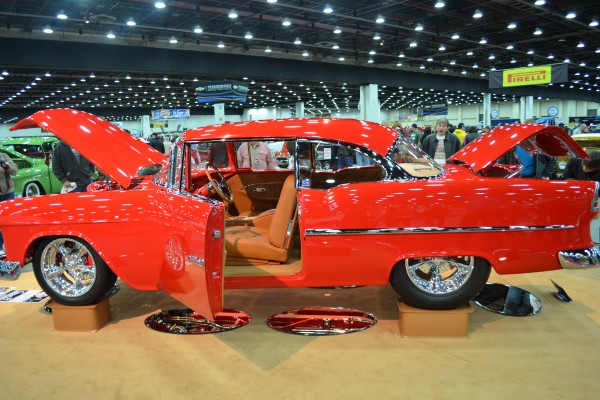 side view of a 1955 chevy bel air show car