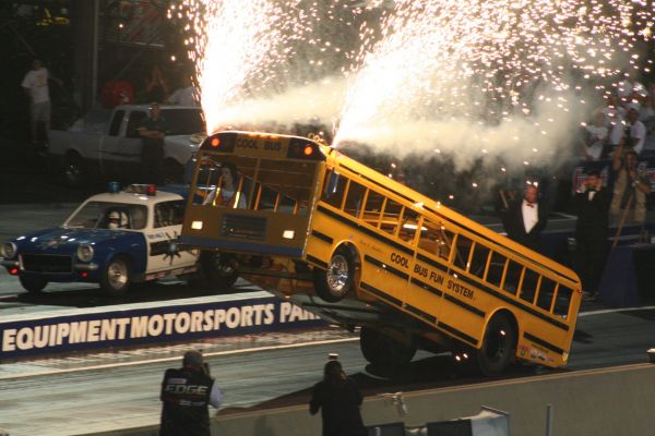 dragster school bus shooting fireworks