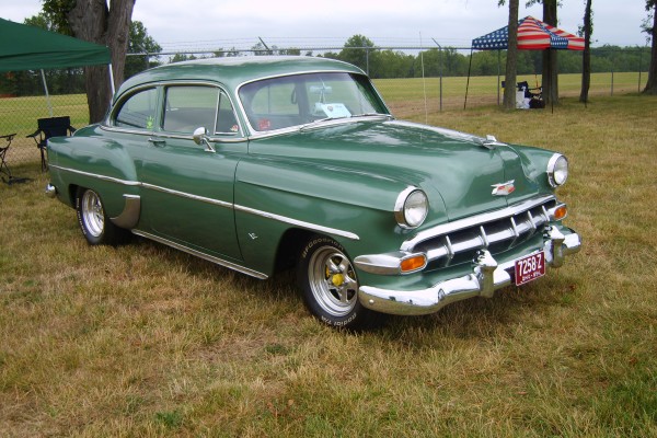 green 1954 chevy coupe hot rod
