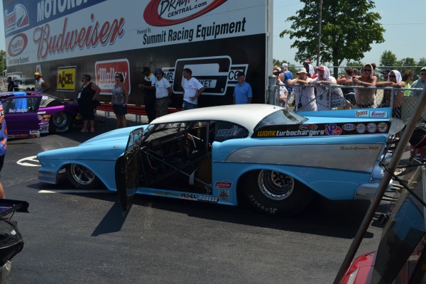 1957 chevy drag car in staging lanes