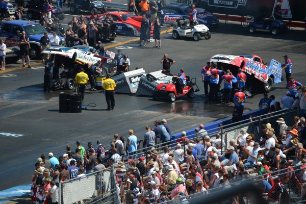 a pair of nhra drag race cars prior to nhra nationals race, 2012
