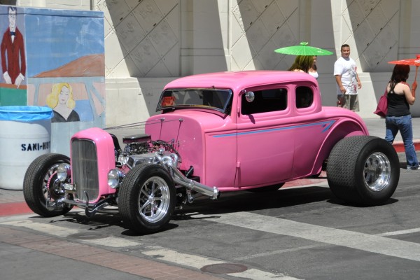 pink stretched ford 5 window hot rod