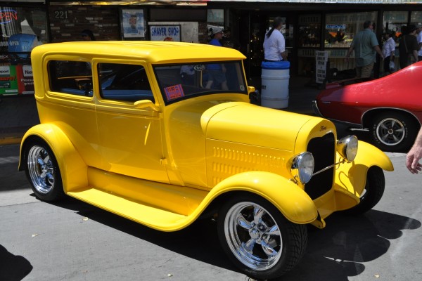 yellow ford hot rod tudor coupe