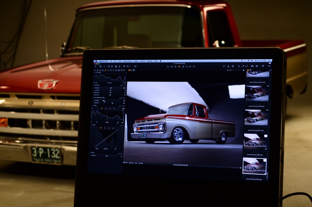 view of truck in monitor during catalog photo shoot