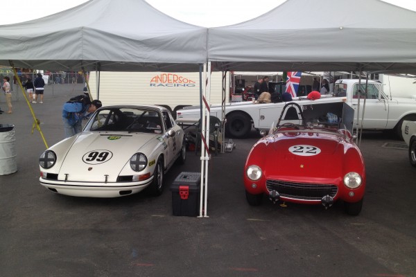 Ferrari and Porsche race cars at Monterey Car Week, 2012