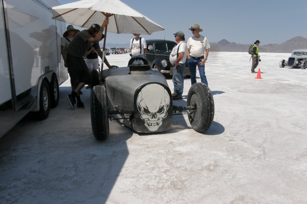 land speed record car in pits during bonneville speed week 2012