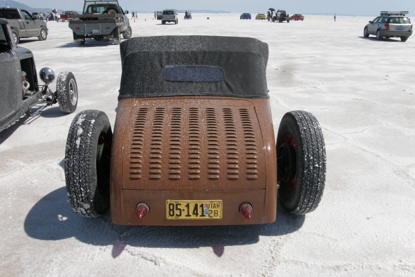 louvered rear trunk of land speed hot rod racer at Bonneville for speed week