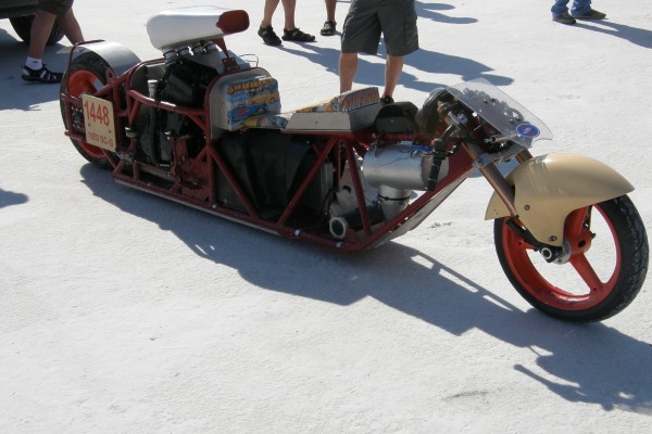 land speed motorcycle racer trike at Bonneville salt flats