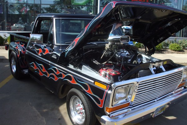 hot rod flamed ford f100 truck with supercharged v8