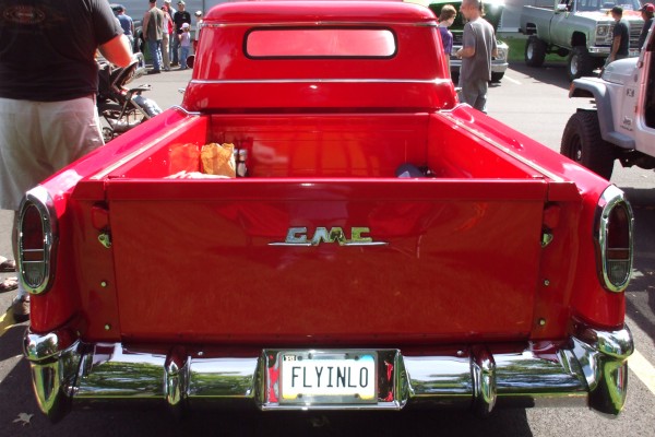 rear view of tailgate on a vintage gmc pickup truck