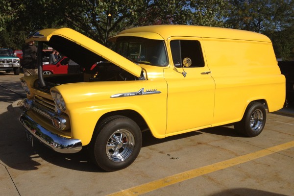 custom yellow vintage chevy panel delivery truck hot rod