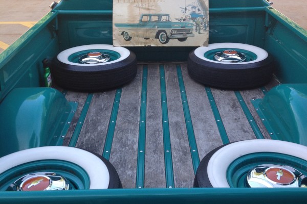 view inside wooden truck bed of a vintage chevy c10
