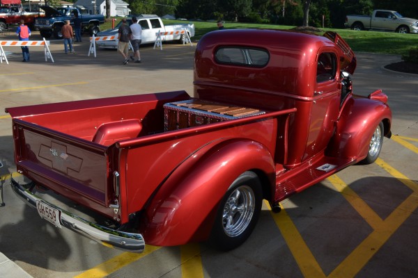 rear view of vintage hot rod chevy truck