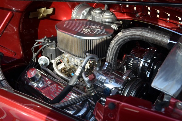 v8 engine in a vintage chevy pickup truck