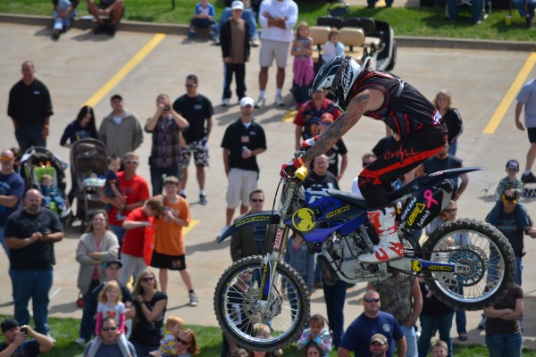 close up of jumping dirt bike rider during dirt bike exhibition