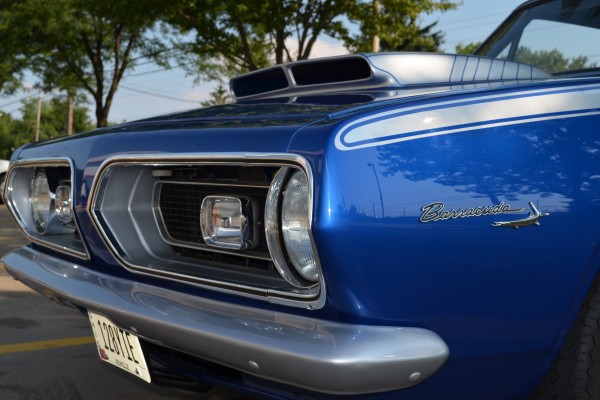 1967 Plymouth Barracuda, front fender badge and headlight
