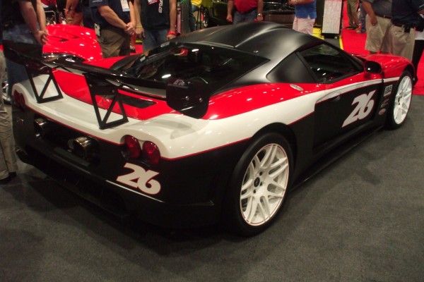 rear view of a Ferrari race car on display at 2012 SEMA show