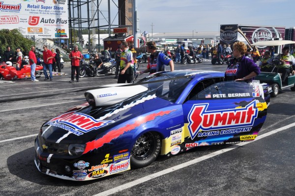 pete berner with summit racing pro stock camaro prior to race in staging lanes
